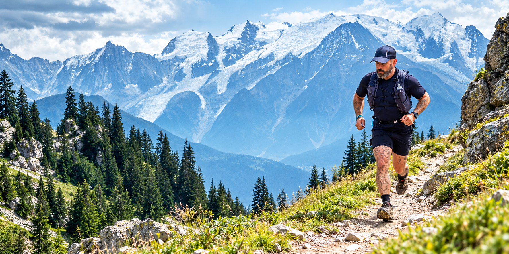 Fotomontaje de Igor corriendo por un sendero alpino ante cumbres nevadas