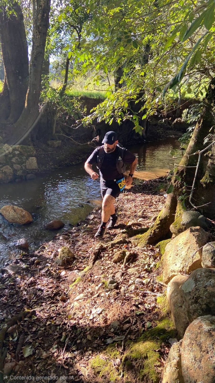 Igor corriendo por un sendero junto a un río entre árboles y rocas